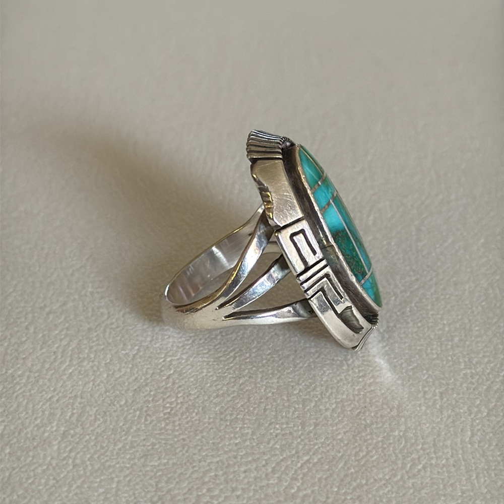 Navajo Handmade vintage Silver and Turquoise Inlay Ring size 9 - Picture 3 of 14
